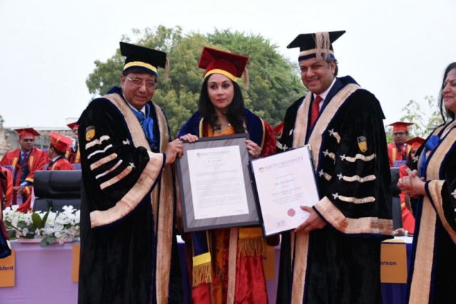 Sawai Madhopur MLA, Princess Diya Kumari receiving the doctorate from Founder President Dr. Ashok Chauhan & Chancellor, Dr. Aseem Chauhan at Amity University Rajasthan Convocation