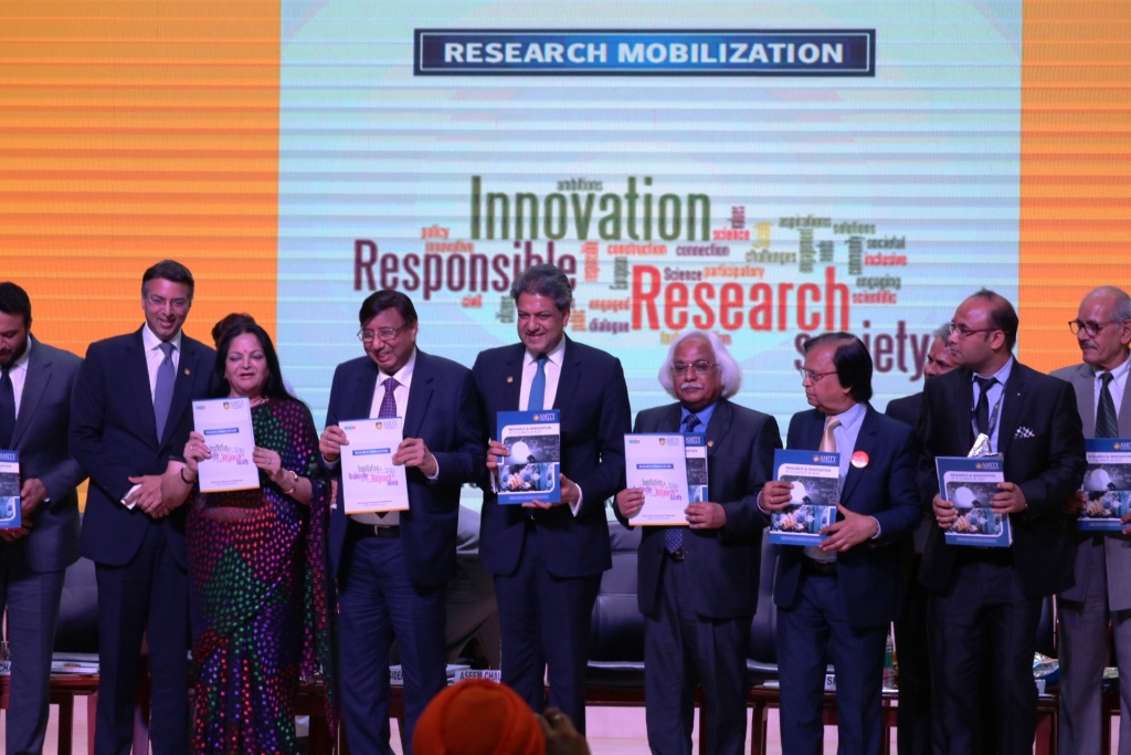 Amity dignitaries releasing Research & Innovation booklet