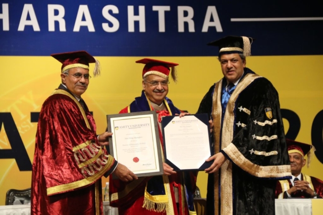 Shri Dilip Shanghvi, Founder of Sun Pharmaceuticals Receiving the Doctorate from Dr. Aseem Chauhan at Amity University Mumbai Convocation 2019